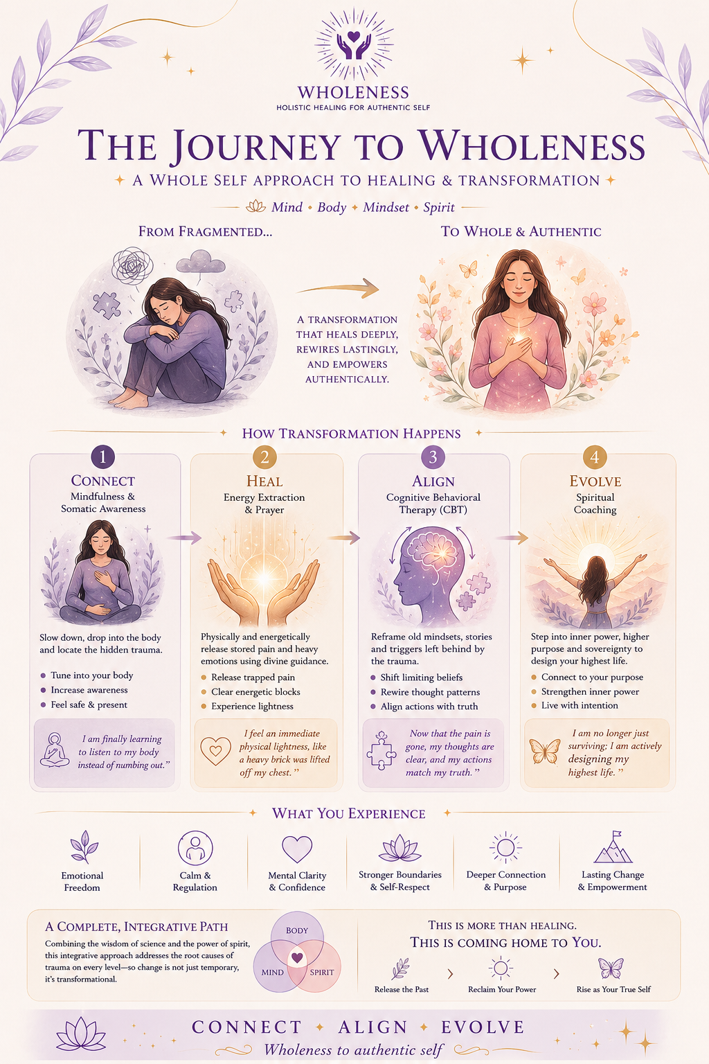 The Journey to Wholeness infographic: a whole-self approach to healing and transformation across four steps, Connect, Heal, Align, and Evolve.