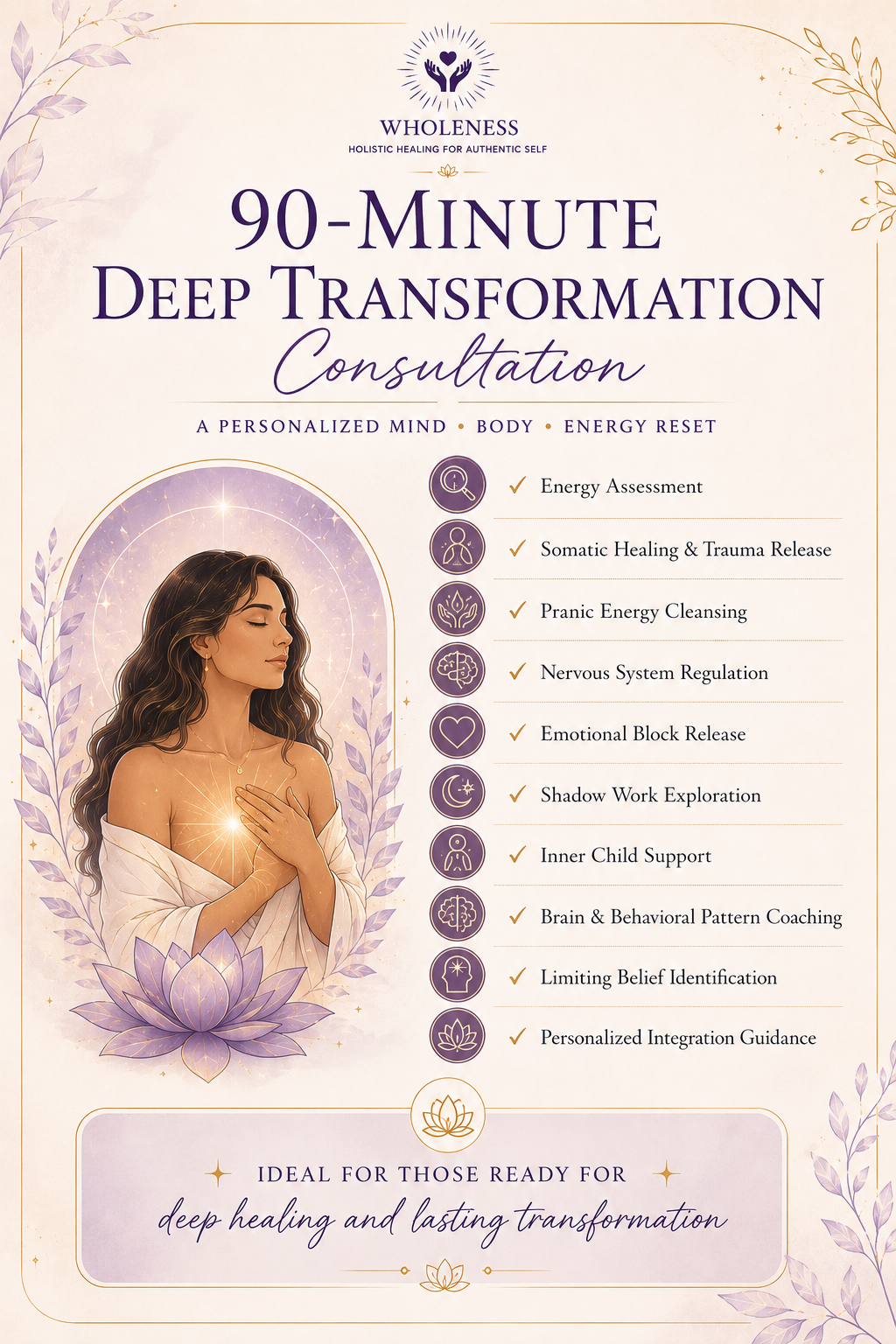 90-Minute Deep Transformation Consultation infographic: a personalized mind, body, and energy reset covering energy assessment, somatic healing and trauma release, pranic energy cleansing, nervous system regulation, shadow work exploration, inner child support, and personalized integration guidance.